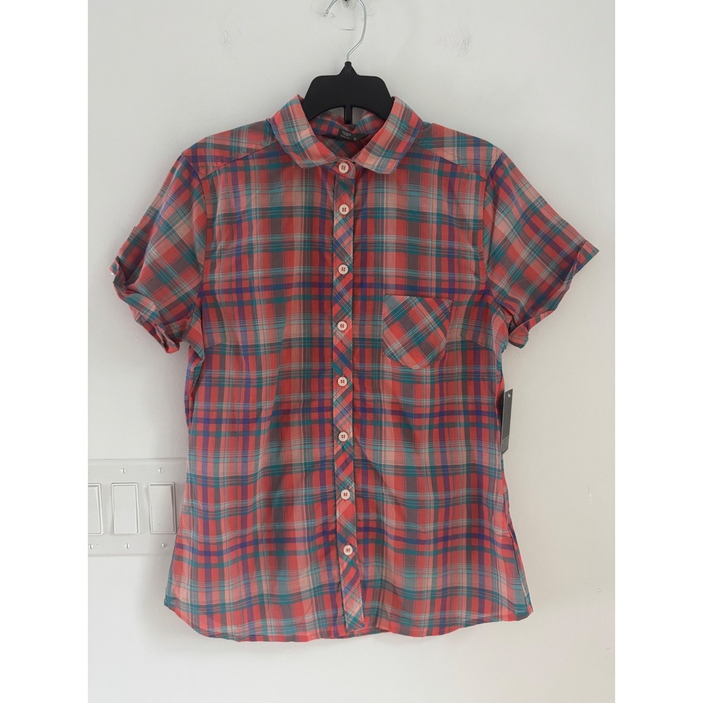 Eddie Bauer Womens Plaid Short Sleeve Button Down Shirt Coral Teal Cotton S NEW